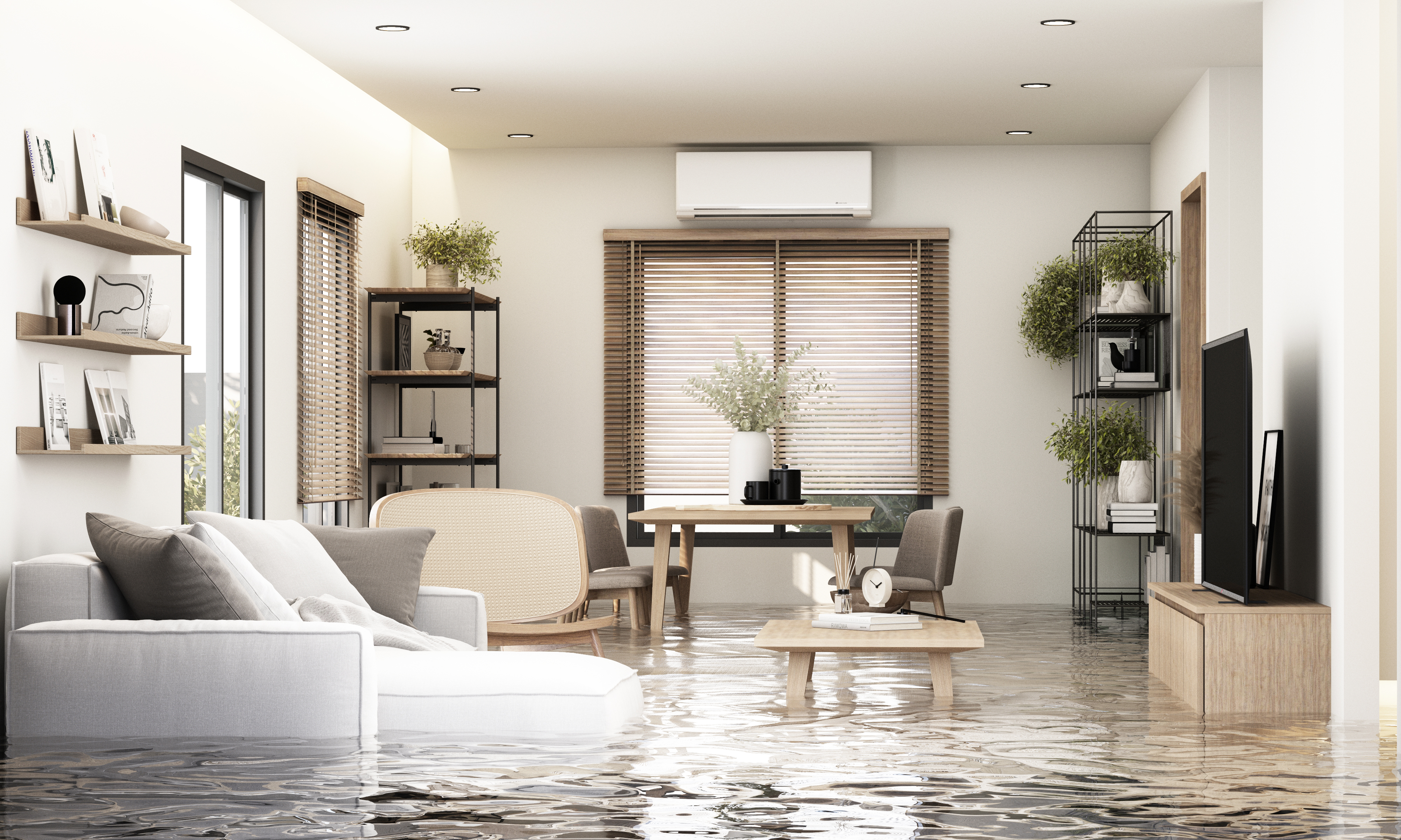 A flooded modern living room with standing water on the floor. A Jackknife insurance screen is overlaid showing 12 documented items ready for claim export, a policy question answered instantly, and one-tap access to call your insurance agent.